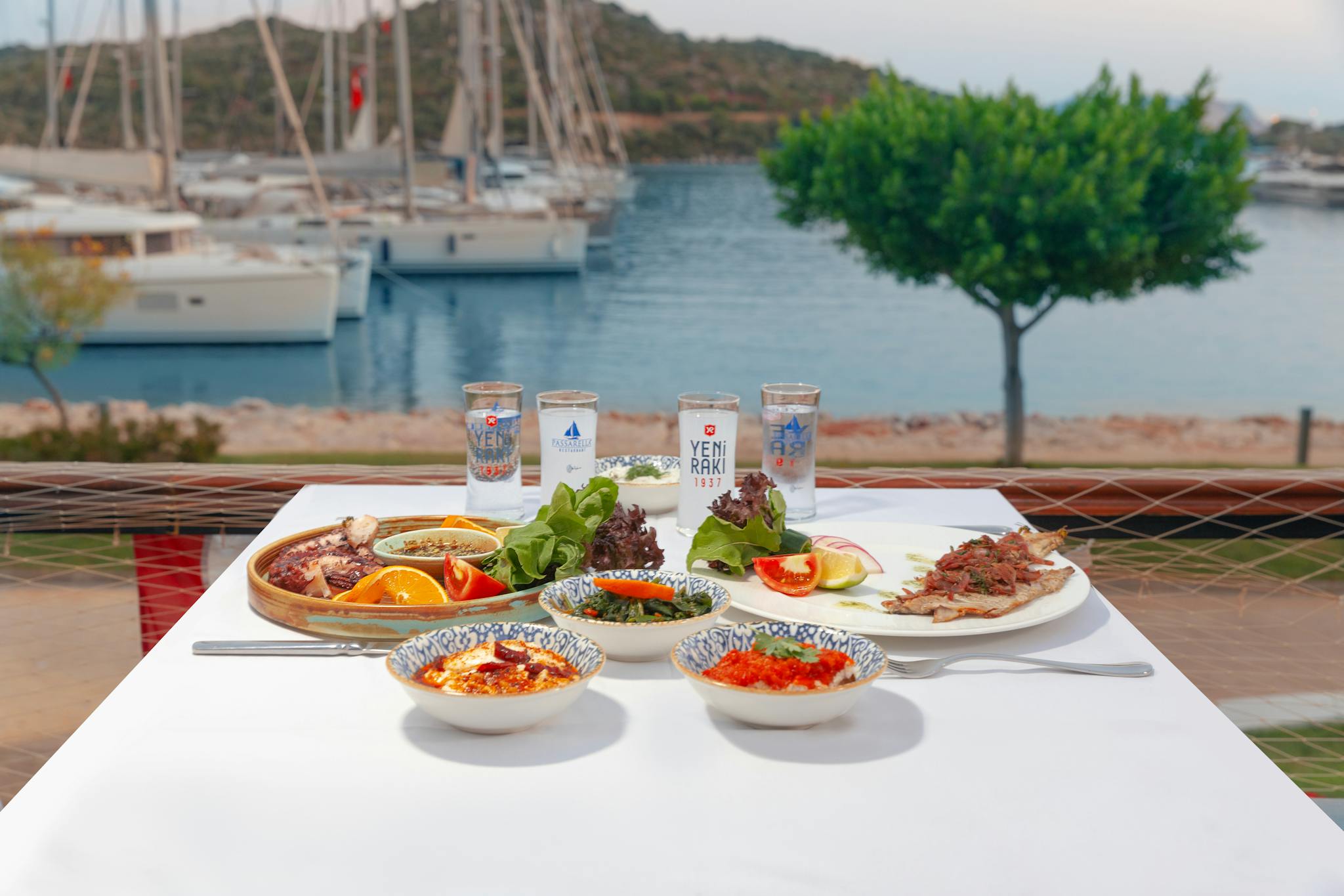 A table with food and drinks on it overlooking the water